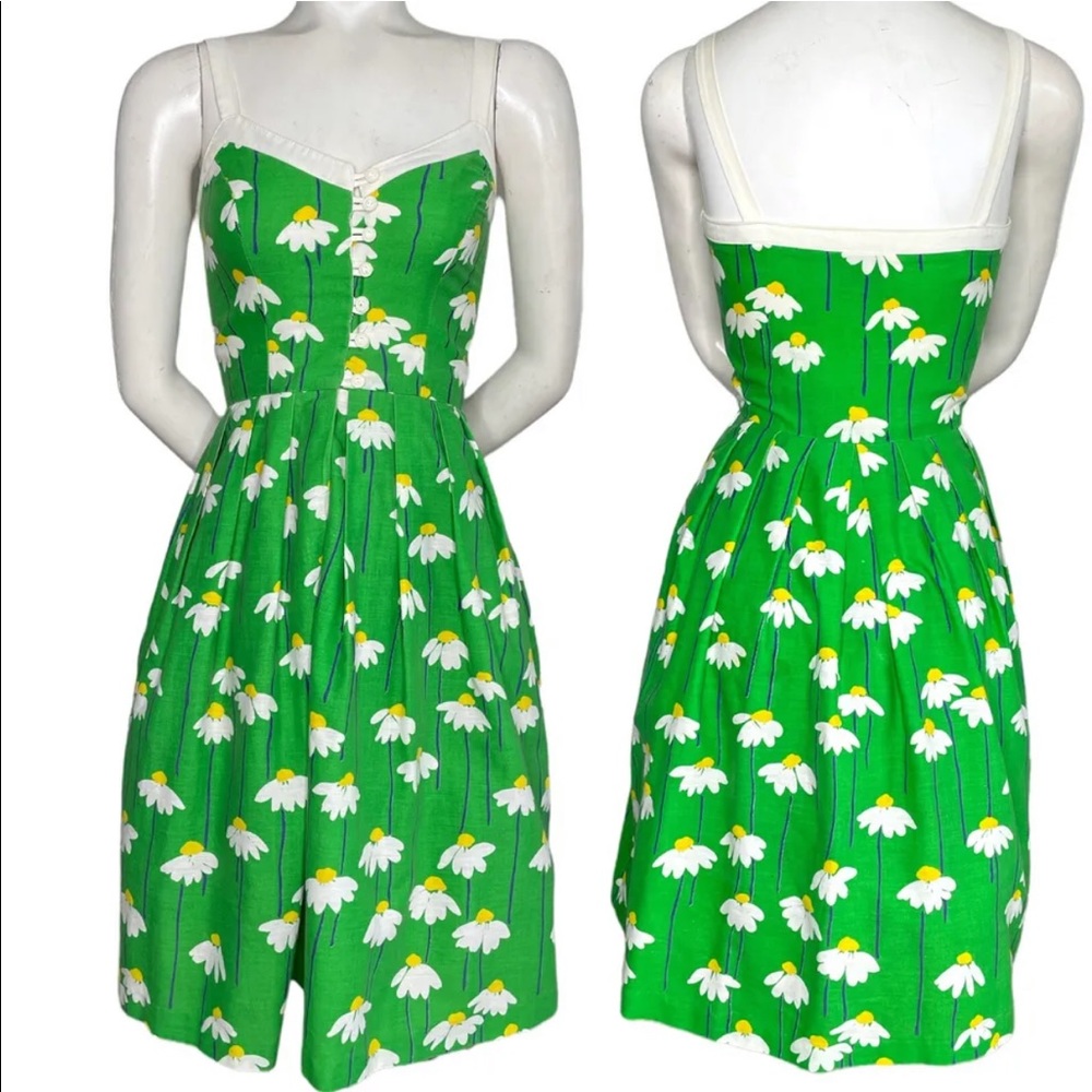Vintage Lanz Original - 1960s 70s Green Daisy flower power Summer Sun Dress XS/S